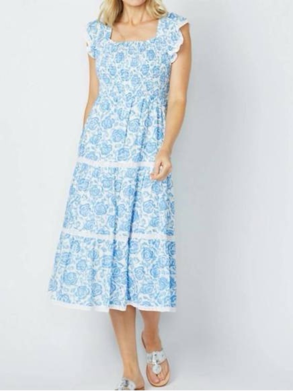 Sail to Sable L Light Blue Floral Tiered Midi Dress